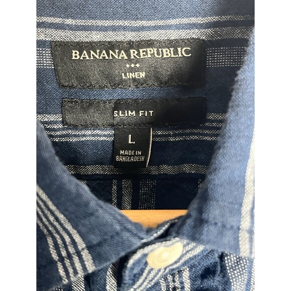 Banana Republic Linen Blend Short Sleeve Button Up Shirt Blue Striped L Slim Fit - Picture 2 of 5